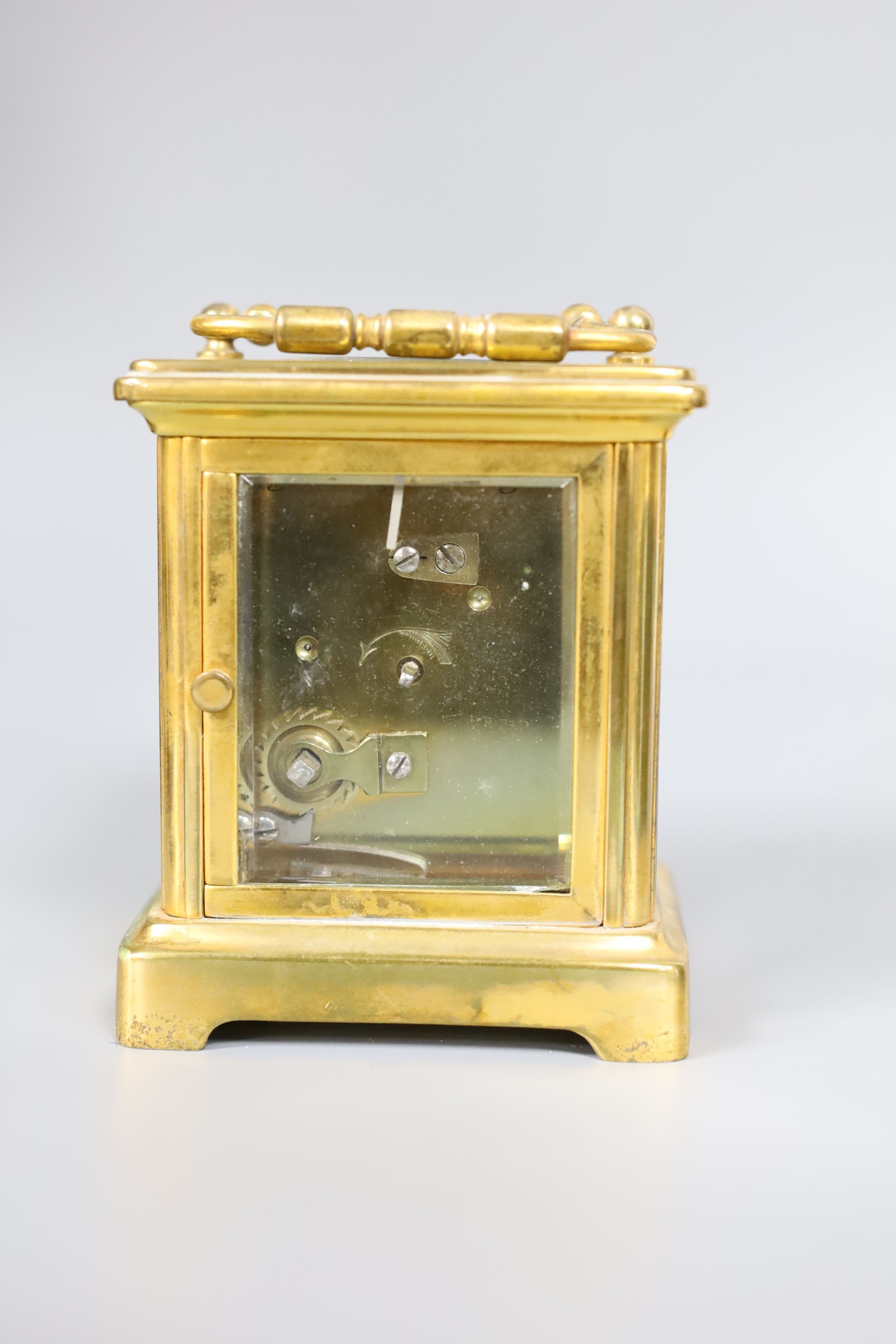 A small French brass carriage timepiece, 12cm